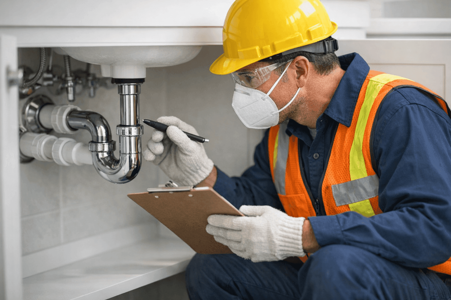 Plumber conducting annual inspection under bathroom sink